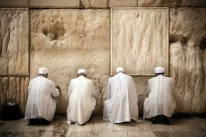 quatro muçulmano homens Rezar às a ocidental parede dentro Jerusalém, simbolizando reconciliação entre judeus e árabes generativo ai foto