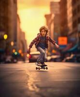 jovem Garoto skate dentro nyc rua - generativo ai obra de arte foto