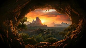 caverna panorama com montanhas dentro a fundo às pôr do sol generativo ai foto