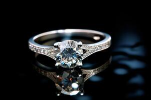 espumante diamante noivado anel com reflexão em uma Preto fundo com bokeh. simboliza amor e devoção. joalheria decoração. cortar diamante. fechar acima. elegante Casamento anel. isolado ai gerado foto