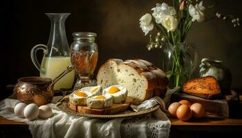 pão manteiga ovos café da manhã foto