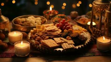 delicioso diwali delícias. a matriz do festivo alimentos e lanches para comemoro a feliz ocasião foto