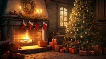 acolhedor Natal interior com uma brilhando árvore, lareira, e apresenta foto