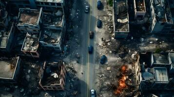 aéreo Visão do a cidade destruído de a fogo. conceito do desastre ai generativo foto