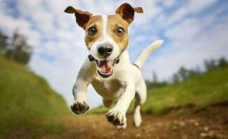 jack Russel pároco cachorro corre em direção a a Câmera baixo ângulo Alto Rapidez tomada. ai gerado foto