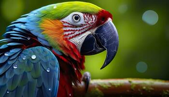 tropical arara empoleirado, vibrante penas dentro foco. generativo ai foto