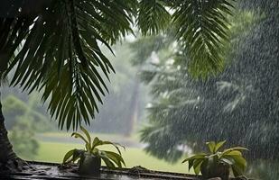 chuva dentro a trópicos durante a baixo estação ou monção temporada. pingos de chuva dentro uma jardim. generativo ai foto