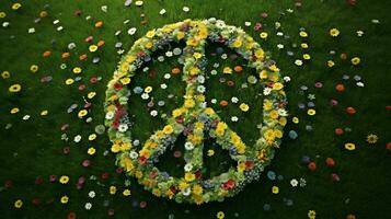 Paz símbolo fez a partir de vários flores em a verde Relva fundo foto