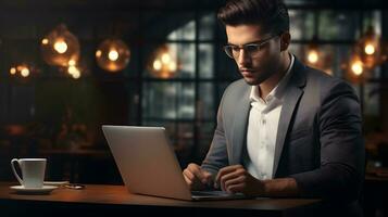 bonito jovem homem trabalhando em computador portátil computador enquanto sentado dentro cafeteria ai generativo foto