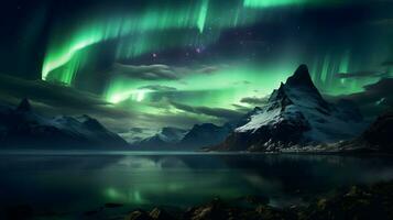 aurora boreal, norte luzes sobre montanhas dentro a fundo ai generativo foto