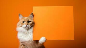 fofo gengibre gato espreitar a partir de atrás a laranja Folha do papel ai generativo foto