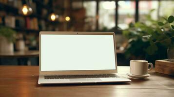 moderno computador portátil com em branco branco tela em a mesa foto