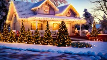 casa coberto dentro Natal luzes e decorado com coroas e grinaldas. generativo ai foto