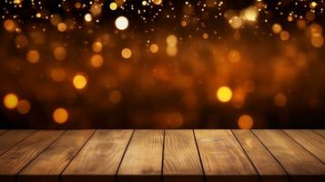 ai gerado texturizado de madeira Sombrio bokeh abstrato produtos noite pano de fundo esvaziar Projeto embaçado exibição borrão festivo ouro rústico madeira brilhante Natal fundo celebração luzes dourado mesa foto