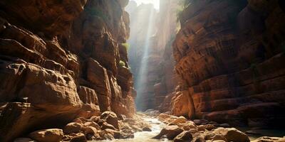 ai gerado viagem turismo natureza deserto Rocha montanha arenito panorama Jordânia pedra desfiladeiro petra desfiladeiro vermelho cênico leste limitar ao ar livre penhasco antigo foto