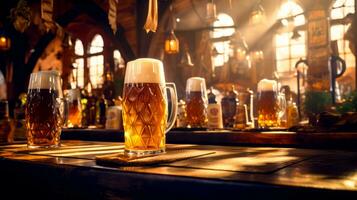 vidro do Cerveja sentado em topo do de madeira mesa dentro bar. generativo ai foto