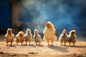 ai gerado recém-nascido Fazenda bebê jovem natureza agricultura pintinho Primavera pequeno bico aves de capoeira fofo animais fofa frango pássaro pena amarelo pequeno foto