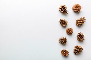 Natal pinho cones em colori papel fronteira composição. Natal, Novo ano, inverno conceito. plano deitar, topo visualizar, cópia de espaço foto