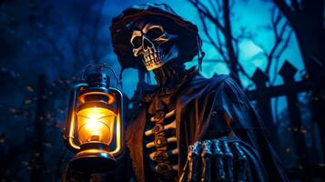 esqueleto dentro traje segurando lanterna dentro frente do azul céu. generativo ai foto