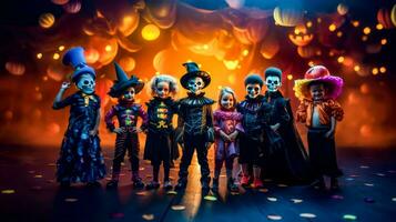 grupo do crianças vestido dentro dia das Bruxas fantasias em pé dentro frente do estágio. generativo ai foto