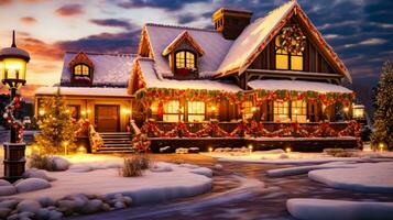 casa coberto dentro Natal luzes e guirlandas em a frente do isto. generativo ai foto