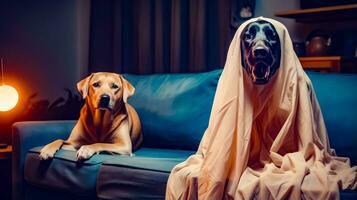 dois cachorros sentado em sofá com cobertor sobre eles cabeças. generativo ai foto