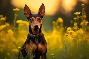 alemão pinscher cachorro sentado dentro Prado campo cercado de vibrante flores silvestres e Relva em ensolarado dia ai gerado foto