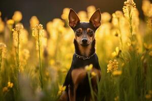 miniatura pinscher cachorro sentado dentro Prado campo cercado de vibrante flores silvestres e Relva em ensolarado dia ai gerado foto