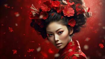 ai gerado mulher retrato fundo exótico estilo ásia cultura cabelo fêmea traje Maquiagem vermelho face moda tradição Ásia flor gueixa beleza quimono japonês foto