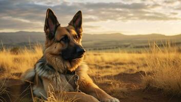 ai gerado Relva cachorro animal segurança animais de estimação procriar beleza retrato mamífero pele fofa verão alemão parque natureza pastor Castanho verde jovem de raça pura foto