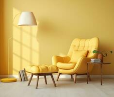 ai gerado brilhante decorativo poltrona sofá quarto vivo Projeto moderno fundo estilo chão espaço mobília casa branco interior cadeira amarelo parede apartamento madeira casa foto