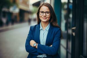 ai gerado atraente mulher feliz beleza retrato empresária adulto modelo moderno Gerente o negócio pessoa confiante jovem senhora fêmea profissional sucesso caucasiano foto