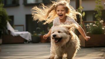 uma jovem menina é jogando com uma cachorro às home.ai generativo. foto