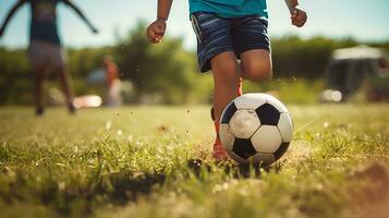 fechar-se pernas criança masculino amigos jogando futebol dentro a quintal.ai generativo foto