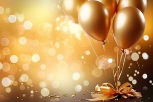 celebração fundo com dourado balões, confete e fitas, dourado balões com fitas e confete em bokeh fundo, ai gerado foto