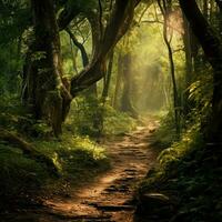 uma floresta caminho dentro uma denso floresta, ai generativo foto