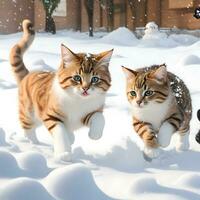 lindo dois gatos branco de raça pura gatos jogar em uma cubo em uma inverno fundo. ai gerado. foto