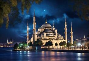 lindo mesquita dentro a noite cidade do Istambul peru. ai gerado. foto