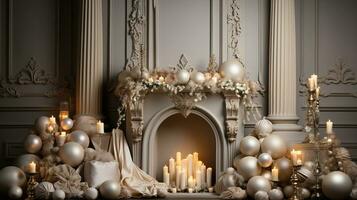 generativo ai, luxo bege interior com Natal dourado e branco decoração foto