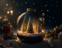 ai generativo vibrante acolhedor deslumbrante inverno Natal árvore dentro Claro cristal bola foto