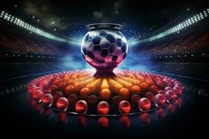 a do vencedor copo dentro a Formato do uma futebol bola contra a pano de fundo do uma futebol estádio dentro a escuro. enorme futebol bola foto