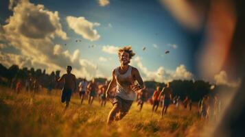 jovem homem corrida em a campo às festival Festa. pessoas tendo Diversão ao ar livre. foto