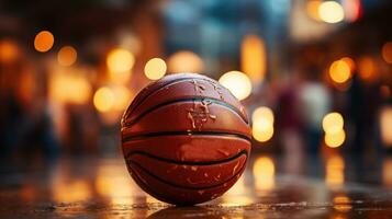 basquetebol bola em a chão. bokeh fundo. foto