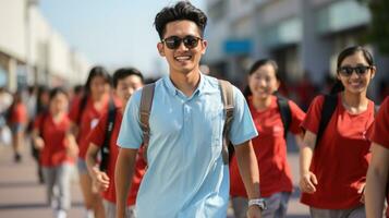 grupo do japonês adolescentes caminhando dentro a rua. ásia alunos dentro vermelho e azul camisas. foto