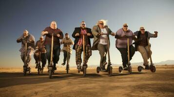 grupo do gordo idosos equitação patinetes dentro a deserto em uma ensolarado dia. foto