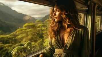 lindo mulher dentro uma vintage trem, Visão a partir de a janela dentro Kadugannawa estrada de ferro, sri lanka. foto