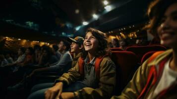 grupo do crianças assistindo filme dentro a cinema. conceito do entretenimento e prazer. foto