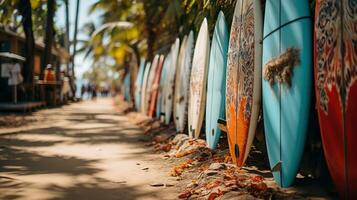 colorida pranchas de surf em a de praia dentro sri lanka. seletivo foco. foto