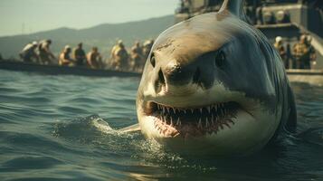 ótimo branco Tubarão dentro a mar contra militares submarino. foto