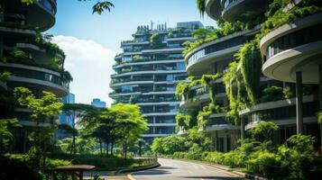 moderno vidro edifícios e verde com Claro céu fundo. foto